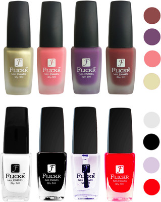 Flickr Velvet Matte Nail Polish + Glossy Nail Polish Combo (4+4) Black,White Top Coat,Red,Golden,Peach,Purple,Reddish Maroon(Pack of 8)
Flickr Velvet Matte Nail Polish + Glossy Nail Polish Combo (4+4) Black,White Top Coat,Red,Golden,Peach,Purple,Reddish Maroon(Pack of 8)