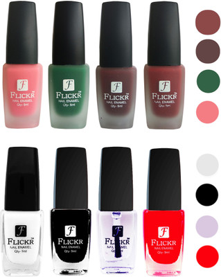 Flickr Velvet Matte Nail Polish + Glossy Nail Polish Combo (4+4) Black,White Top Coat,Red,Peach,Green,Maroon,Reddish Maroon(Pack of 8)