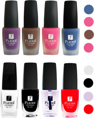 Flickr Velvet Matte Nail Polish + Glossy Nail Polish Combo (4+4) Black,White Top Coat,Red,Purple,Brown,Pink,Blue(Pack of 8)
Flickr Velvet Matte Nail Polish + Glossy Nail Polish Combo (4+4) Black,White Top Coat,Red,Purple,Brown,Pink,Blue(Pack of 8)