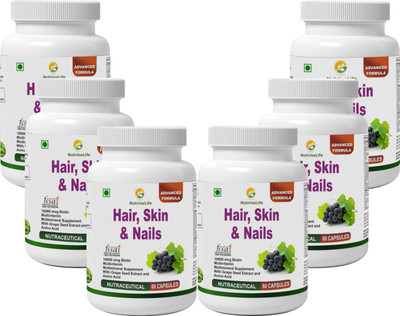 NutrineLife Biotin 10000 mcg Hair Skin and Nail supplement with Multivitamin, Minerals, Grape seed extract and Amino acid supports hair growth, glowing skin and strong nail for men and women 60 Veg Capsules(PACK OF 6)(60 No)
NutrineLife Biotin 10000 mcg Hair Skin and Nail supplement with Multivitamin, Minerals, Grape seed extract and Amino acid supports hair growth, glowing skin and strong nail for men and women 60 Veg Capsules(PACK OF 6)(60 No)