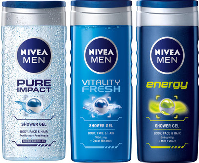 Nivea MEN ENERGY SHOWER GEL 250 ML +MEN VITALITY FRESH SHOWER GEL 250 ML + MEN PURE IMPACT SHOWER GEL 250 ML(250 ml, Pack of 3)