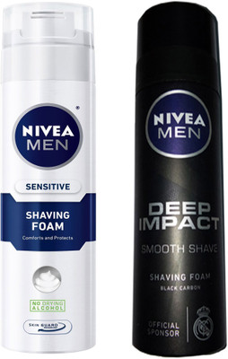 Nivea MEN DEEP IMPACT SMOOTH SHAVE BLACK CARBON SHAVING FOAM 200 ML + MEN SENSITIVE SHAVING FOAM 200 ML(200 ml)