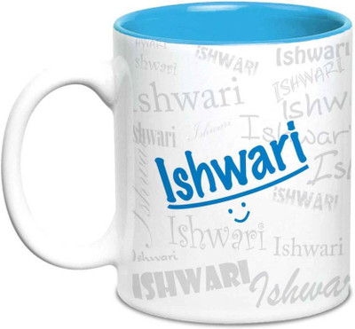 LOF Ishwari Name Gift Ceramic Inside Blue Gifts For Birthday Ceramic Mug(325 ml)
