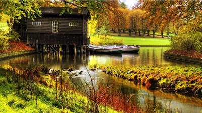 Natural Scene of Houseboat in park Poster Paper Print(12 inch X 18 inch, Rolled)