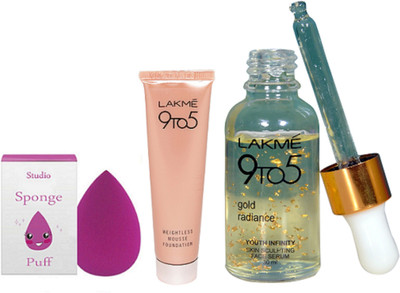 studio Of Sponge Puff, Lakme 9 To 5 Gold Radiance Face Serum with 9 To 5 Weightless Mousse Foundation(Set of 3)
studio Of Sponge Puff, Lakme 9 To 5 Gold Radiance Face Serum with 9 To 5 Weightless Mousse Foundation(Set of 3)
