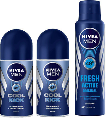 Nivea Men Cool Kick Roll On & Fresh Active Deodorant Combo - Pack of 3 Body Spray - For Men(250 ml, Pack of 3)
Nivea Men Cool Kick Roll On & Fresh Active Deodorant Combo - Pack of 3 Body Spray - For Men(250 ml, Pack of 3)