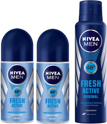Nivea Men Fresh Active Roll On & Fresh Active Deodorant Combo - Pack of 3 Body Spray - For Men(250 ml, Pack of 3)
Nivea Men Fresh Active Roll On & Fresh Active Deodorant Combo - Pack of 3 Body Spray - For Men(250 ml, Pack of 3)