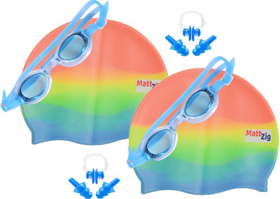 MattZig Zigsy (Two Swimming Caps + Two Swimming Goggles + Two Nose Clips + Two Pairs of Ear Plugs) Swimming Kit
MattZig Zigsy (Two Swimming Caps + Two Swimming Goggles + Two Nose Clips + Two Pairs of Ear Plugs) Swimming Kit