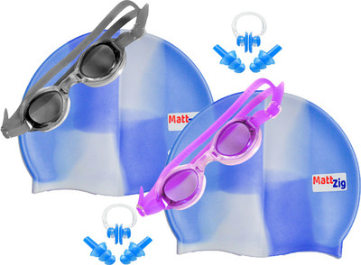 MattZig Zigsy (Two Swimming Caps + Two Swimming Goggles + Two Nose Clips + Two Pairs of Ear Plugs) Swimming Kit