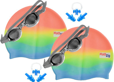 MattZig Zigsy (Two Swimming Caps + Two Swimming Goggles + Two Nose Clips + Two Pairs of Ear Plugs) Swimming Kit