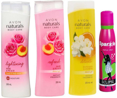 Avon Anew Naturals Body Care Rose & Peach hand & body lotion (200 ml) & one Naturals Body care Rose & Peach Shower Gel (200 ml) & one Naturals mandarin & jasmine shower gel (200 ml) With one sparkle perfume spray 150 ml(Set of 4)
Avon Anew Naturals Body Care Rose & Peach hand & body lotion (200 ml) & one Naturals Body care Rose & Peach Shower Gel (200 ml) & one Naturals mandarin & jasmine shower gel (200 ml) With one sparkle perfume spray 150 ml(Set of 4)