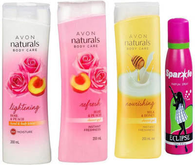 Avon Anew Naturals Body Care Rose & Peach hand & body lotion (200 ml) & one Naturals Body care Rose & Peach Shower Gel (200 ml) & one Naturals Body Care Nourishing Milk & Honey Shower Gel (200 ml) With one sparkle perfume spray 150 ml(Set of 4)
Avon Anew Naturals Body Care Rose & Peach hand & body lotion (200 ml) & one Naturals Body care Rose & Peach Shower Gel (200 ml) & one Naturals Body Care Nourishing Milk & Honey Shower Gel (200 ml) With one sparkle perfume spray 150 ml(Set of 4)