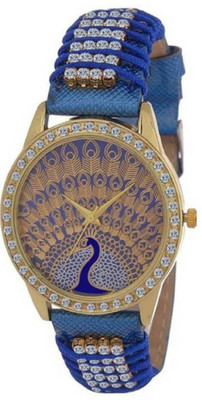TRUE KART Blue Dial Golden Morni Designer Strap Studed Diamond Watch - For Girls