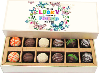 Chocholik Friendship Gift - I'm So Lucky to Have a Friend Like You - Dark, Milk, White Chocolate - 12pc Truffles(180 g)
Chocholik Friendship Gift - I'm So Lucky to Have a Friend Like You - Dark, Milk, White Chocolate - 12pc Truffles(180 g)
