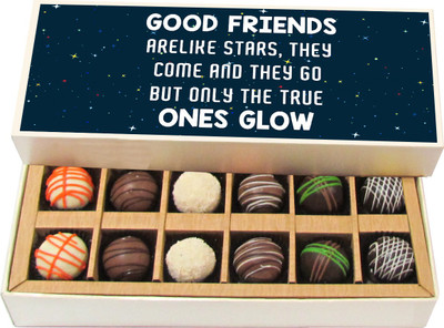 Chocholik Friendship Gift - Only Good Friends Stars Glow - Dark, Milk, White Chocolate - 12pc Truffles(180 g)
Chocholik Friendship Gift - Only Good Friends Stars Glow - Dark, Milk, White Chocolate - 12pc Truffles(180 g)