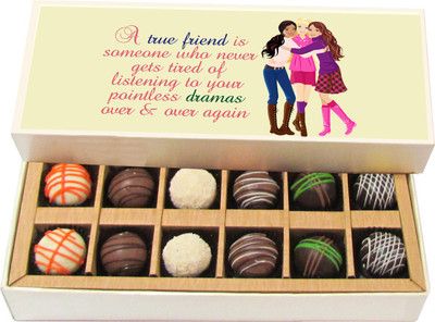 Chocholik A True Friend Is Someone Who Never Gets Tired Of Listening - Dark, Milk, White Chocolate Truffles - 12pc Truffles(180 g)
Chocholik A True Friend Is Someone Who Never Gets Tired Of Listening - Dark, Milk, White Chocolate Truffles - 12pc Truffles(180 g)