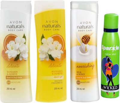 Avon Anew Naturals mandarin & jasmine body lotion & one Naturals mandarin & jasmine shower gel & one Naturals Milk & Honey Hand & Body Lotion With one perfume spray(Set of 4)
Avon Anew Naturals mandarin & jasmine body lotion & one Naturals mandarin & jasmine shower gel & one Naturals Milk & Honey Hand & Body Lotion With one perfume spray(Set of 4)