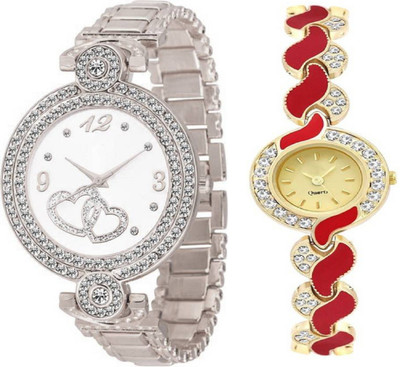 TRUE KART Awesome Look Red Metal Strap Diamond Studded Watch - For Women