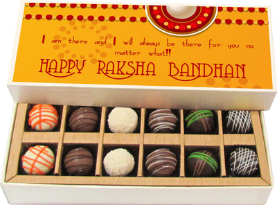 Chocholik Rakhi Gift Box - I Am There And I Will Always Be There - Dark, Milk, White Chocolate Truffles - 12pc Truffles(180 g)
Chocholik Rakhi Gift Box - I Am There And I Will Always Be There - Dark, Milk, White Chocolate Truffles - 12pc Truffles(180 g)