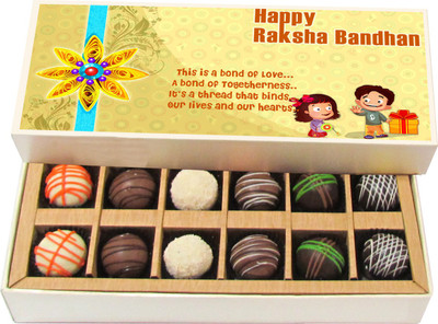 Chocholik Rakhi Gift Box - This Is A Bond Of Love - Dark, Milk, White Chocolate Truffles - 12pc Truffles(180 g)
Chocholik Rakhi Gift Box - This Is A Bond Of Love - Dark, Milk, White Chocolate Truffles - 12pc Truffles(180 g)