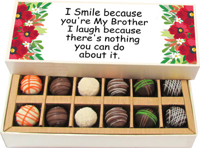 Chocholik Rakshabandhan Gift Box - I Smile Because You're My Brother I Laugh Because - Dark, Milk, White Chocolate Truffles - 12pc Truffles(180 g)
Chocholik Rakshabandhan Gift Box - I Smile Because You're My Brother I Laugh Because - Dark, Milk, White Chocolate Truffles - 12pc Truffles(180 g)