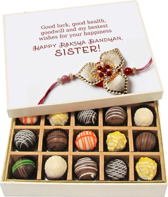 Chocholik Rakhi Gift Box - Good Luck, Good Health My Bestest Wishes - Dark, Milk, White Chocolate Truffles - 20pc Truffles(300 g)
Chocholik Rakhi Gift Box - Good Luck, Good Health My Bestest Wishes - Dark, Milk, White Chocolate Truffles - 20pc Truffles(300 g)