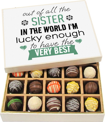 Chocholik Rakhi Gift Box - Lucky Enough to Have the Best Sister - Dark, Milk, White Chocolate Truffles - 20pc Truffles(300 g)
Chocholik Rakhi Gift Box - Lucky Enough to Have the Best Sister - Dark, Milk, White Chocolate Truffles - 20pc Truffles(300 g)