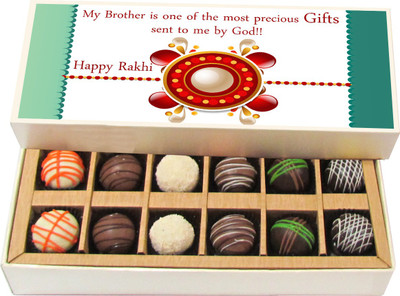 Chocholik Rakhi Gift Box - My Brother Is One Of The Most Precious Gift - Dark, Milk, White Chocolate Truffles - 12pc Truffles(180 g)
Chocholik Rakhi Gift Box - My Brother Is One Of The Most Precious Gift - Dark, Milk, White Chocolate Truffles - 12pc Truffles(180 g)