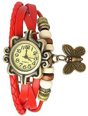 Bhavy Red Stylish Round Shape Butterfly Watch - For Girls