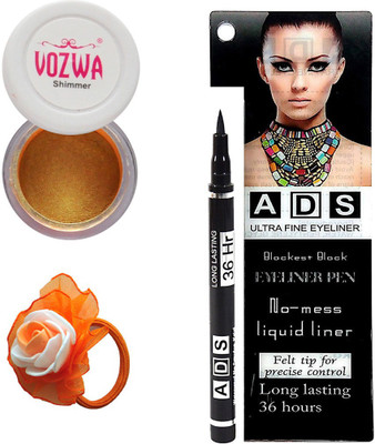 Vozwa Gold Gradient Eyeshadow Shimmer Powder, No-mess black Eyeliner Pen and Band(Set of 3)