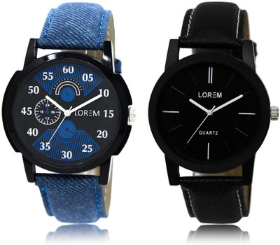 LOREM LR2-5 Stylish Black Round Boy's Leather Watch - For Men