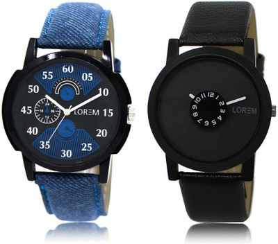 LOREM LR2-25 Stylish Black Round Boy's Leather Watch - For Men