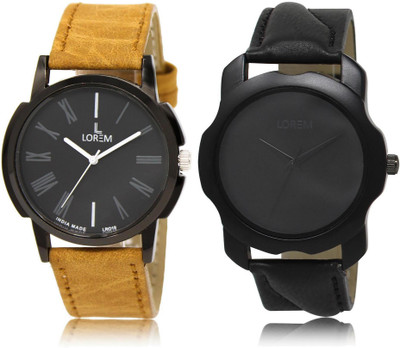 LOREM LR19-22 Stylish Black Round Boy's Leather Watch - For Men