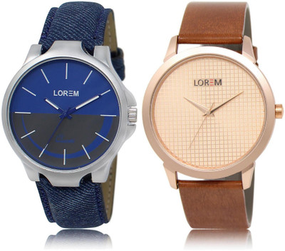 LOREM LR24-34 Stylish Rose Gold & Blue Round Boy's Leather Watch - For Men
