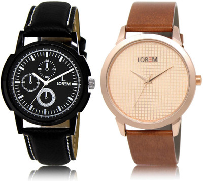 LOREM LR13-34 Stylish Rose Gold & Black Round Boy's Leather Watch - For Men