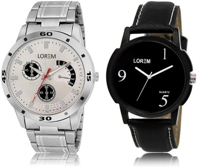 LOREM LR6-101 Stylish Black & Silver Round Boy's Leather & Metal Bracelet Watch - For Men