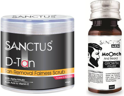 SANCTUS D-TAN Tan Removal Fairness Scrub AND Moonch & Beard Growth Vitalizer Combo (100gm + 30ml)(Set of 2)
SANCTUS D-TAN Tan Removal Fairness Scrub AND Moonch & Beard Growth Vitalizer Combo (100gm + 30ml)(Set of 2)