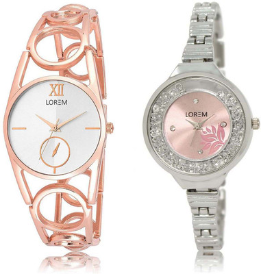 LOREM SR-213-226 Attractive Pink & Silver Round Girl's Metal Bracelet Watch - For Women