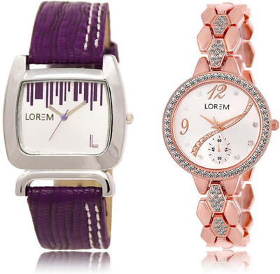 LOREM Watch-207-215 Designer Silver & White Round & Square Girl's Metal Bracelet & Leather Watch - For Women