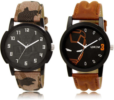 LOREM SR-3-4 Attractive Black Round Boy's Leather Watch - For Men