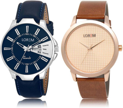 LOREM OM-23-34 Designer Rose Gold & Blue Round Boy's Leather Watch - For Men