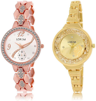 LOREM Watch-215-224 Attractive Gold & Silver Round Girl's Metal Bracelet Watch - For Women