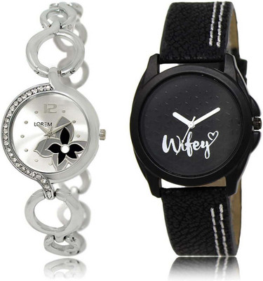 LOREM OM-231-234 Designer Black & Silver Round Girl's Leather & Metal Bracelet Watch - For Women