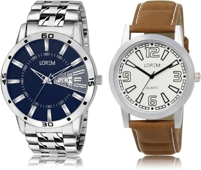 LOREM 16-219 COMBO White & Blue Round Boy's Leather & Metal Bracelet Watch - For Men