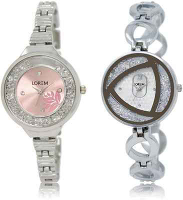 LOREM Watch-226-240 COMBO Silver & Pink Round Girl's Metal Bracelet Watch - For Women