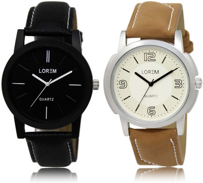 LOREM OM-5-16 Designer White & Black Round Boy's Leather Watch - For Men