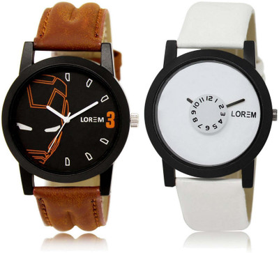 LOREM SR-4-26 Attractive White & Black Round Boy's Leather Watch - For Men