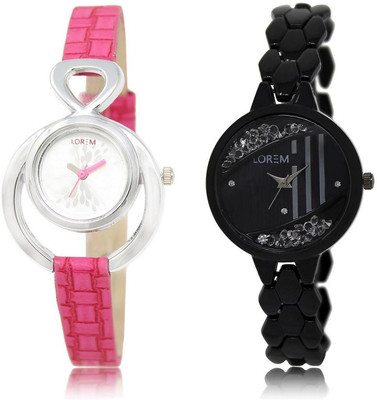 LOREM FZ-205-221 COMBO Black & Silver Round Girl's Metal Bracelet & Leather Watch - For Women