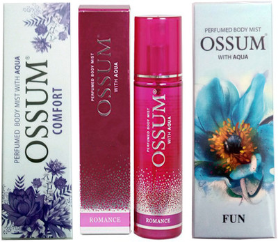 OSSUM FUN PERFUMED BODY MIST 115 ML+ROMANCE PERFUMED BODY MIST 115 ML+COMFORT PERFUMED BODY MIST 115 ML Deodorant Spray - For Men & Women(115 ml, Pack of 3)