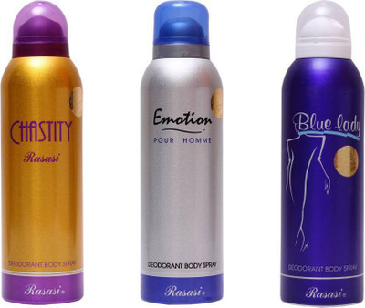 Rasasi Chastity Emotion & Blue Lady (PACK of 3) Body Spray - For Men & Women(600 ml, Pack of 3)
Rasasi Chastity Emotion & Blue Lady (PACK of 3) Body Spray - For Men & Women(600 ml, Pack of 3)